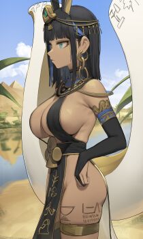 1girl absurdres ancient_egyptian ancient_egyptian_clothes armpit_crease bare_shoulders black_dress black_hair blue_eyes breasts bridal_gauntlets cleavage commentary commission cowboy_shot dark-skinned_female dark_skin dress earrings egyptian_mythology english_commentary gold_trim headdress highres jewelry large_breasts leg_tattoo long_hair looking_away no_bra no_panties parted_lips pelvic_curtain revealing_clothes revision romana set_(mythology) sidelocks sleeveless sleeveless_dress sling_bikini_top solo standing tattoo thighlet thighs