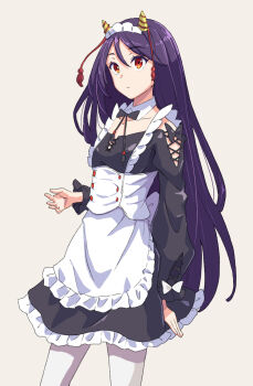 1girl apron black_bow black_bowtie bow bowtie breasts closed_mouth collar collarbone commentary_request dress expressionless frills hair_between_eyes hand_up highres horns jack_(wkm74959) long_hair long_sleeves maid maid_apron maid_headdress nippaku_zanmu off-shoulder_dress off_shoulder pantyhose purple_hair red_eyes small_breasts solo touhou very_long_hair white_pantyhose