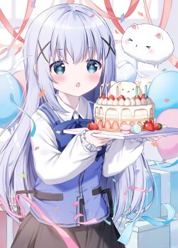 1girl :o angora_rabbit balloon birthday_cake black_skirt blue_bow blue_bowtie blue_eyes blue_hair blue_vest blush bow bowtie box cake candle collared_shirt commentary_request confetti food fruit gift gift_box gochuumon_wa_usagi_desu_ka? hair_ornament highres kafuu_chino long_hair long_sleeves macaron open_mouth pizzzica rabbit rabbit_house_uniform shirt skirt strawberry strawberry_cake streamers tippy_(gochiusa) vest white_shirt x_hair_ornament