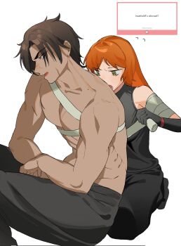 Rule 34 | 1boy, 1girl, applying bandages, black gloves, black pants, black shirt, brown hair, dark-skinned male, dark skin, flying sweatdrops, gloves, green eyes, heathcliff (project moon), highres, ishmael (project moon), limbus company, long hair, marshmallow (site), open mouth, orange hair, pants, project moon, request inset, shi association south uniform, shirt, sleeveless, sleeveless shirt, topless male, worried, yongsadragon