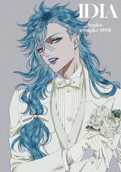 1boy arm_up blue_hair blue_lips bow bowtie commentary_request eyelashes eyeshadow film_grain flower formal_clothes gloves grey_background hagiko_0098 hair_ribbon highres holding holding_flower idia_shroud jacket leaf lipstick long_hair long_sleeves looking_to_the_side makeup male_focus parted_lips ribbon sharp_teeth shirt short_sideburns solo suit_jacket teeth twisted_wonderland twitter_username upper_body wavy_hair white_bow white_bowtie white_flower white_gloves white_jacket white_shirt yellow_eyes