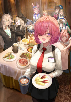 Rule 34 | 4girls, 6+boys, absurdres, alternate costume, animal ears, armor, astolfo (fate), astolfo (sailor paladin) (fate), beard, black bow, black capelet, black dress, black flower, black gloves, black hair, black hat, black rose, blonde hair, blue cape, blue eyes, blue hat, bonnet, bow, braid, braided hair rings, breasts, cape, capelet, charlemagne (fate), closed eyes, collared shirt, constantine xi (fate), don quixote (fate), dress, earrings, facial hair, fang, fate/grand order, fate (series), flower, frilled bonnet, frills, glasses, gloves, glowing scar, goredolf musik, green eyes, grey eyes, hair between eyes, hair intakes, hair over one eye, hair rings, hat, helmet, highres, holding, horse ears, horse girl, husband and wife, irorong, jacket, jewelry, johanna (fate), johanna (third ascension) (fate), kriemhild (fate), kriemhild (first ascension) (fate), large breasts, long hair, long sleeves, looking at viewer, mash kyrielight, mitre, mole, mole under eye, multicolored hair, multiple boys, multiple girls, mustache, necktie, official alternate costume, open mouth, overalls, pants, pectoral cleavage, pectorals, pink hair, pink sailor collar, pink skirt, purple eyes, purple hair, red sailor collar, red vest, roland (fate), rose, sailor collar, sancho panza (fate), scar, scar on chest, scolding, shirt, short hair, short sleeves, siegfried (fate), siegfried (super cool biz) (fate), skirt, smile, streaked hair, suit jacket, suspenders, sweatdrop, twin braids, two-tone hair, veil, vest, white dress, white hair, white overalls