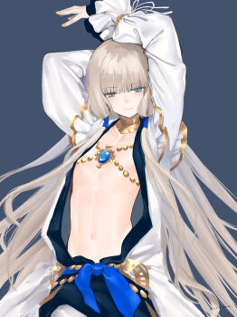 1boy absurdres androgynous aqua_eyes arms_up bell_sleeves blonde_hair blue_background blue_gemstone blue_sash chest_jewel fate/grand_order fate_(series) gem highres jewelry linea_alba long_hair long_sidelocks long_sleeves looking_at_viewer male_focus navel neck_ring noah_(fate) pectorals robe sash sidelocks simple_background smile solo stomach tawapo upper_body very_long_hair white_robe