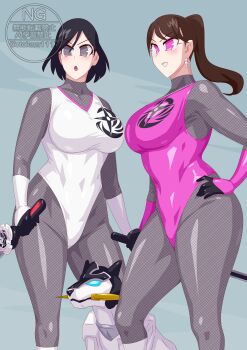 Rule 34 | 2girls, absurdres, big breasts, black hair, bodysuit, brown hair, female focus, grey eyes, highres, igasaki fuuka, momochi kasumi, multiple girls, no headwear, otokam1117, otokamu, pink eyes, shuriken sentai ninninger, super sentai