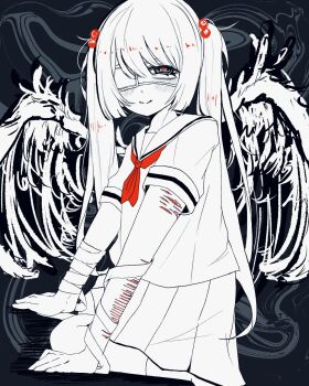 1girl :> @_@ bandaged_arm bandages bleeding blood blunt_bangs commentary eyepatch highres kneeling looking_at_viewer medical_eyepatch original partially_colored school_uniform self-harm serafuku sidelocks smile solo symbol-only_commentary toufutoto twintails twisted_torso wings wrist_cutting