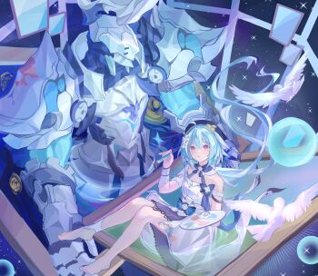 1girl barefoot bird blue_hair commentary dress griseo griseo_(starry_impression) hashtag-only_commentary hat highres holding holding_paint_palette holding_paintbrush honkai_(series) honkai_impact_3rd lucas_(lucasng29949052) mr._knight_(honkai_impact) paint_palette paintbrush parted_lips solo white_dress