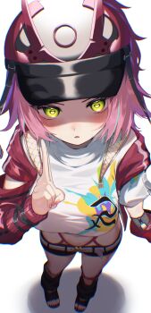 1girl arm_warmers asymmetrical_sleeves baseball_cap belt black_hat black_leg_warmers black_shoes black_shorts blush breasts chromatic_aberration commentary crop_top cropped_jacket fishnet_top fishnets from_above full_body green_eyes hat heart heart-shaped_pupils highres honkai:_star_rail honkai_(series) horned_hat jacket kuji-in large_breasts leg_warmers long_hair looking_at_viewer midriff navel open-toe_shoes open_clothes open_jacket parted_lips pink_hair pinponpaaru rappa_(honkai:_star_rail) red_arm_warmers red_jacket shadow shirt shoes short_shorts shorts sidelocks simple_background solo sweat symbol-shaped_pupils toeless_legwear uneven_sleeves white_background white_belt white_shirt wrist_belt