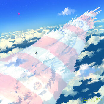 1other above_clouds ambiguous_gender animal animal_focus balloon bird blue_sky cloud commentary_request day feathered_wings highres horizon katou_oswaldo original outdoors oversized_animal scenery signature sky star_(sky) very_wide_shot wings