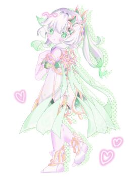 Rule 34 | 1girl, :o, bare shoulders, blush, cape, commentary request, detached sleeves, dress, from side, full body, genshin impact, gold trim, green cape, green eyes, green hair, green sleeves, hair ornament, hand up, heart, highres, leaf hair ornament, long hair, looking at viewer, looking to the side, multicolored hair, nahida (genshin impact), ne ru ri, pointy ears, side ponytail, soles, solo, standing, standing on one leg, star (symbol), star in eye, stirrup legwear, streaked hair, symbol-shaped pupils, symbol in eye, toeless legwear, white background, white dress, white hair