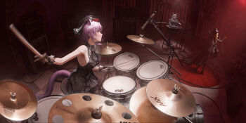 3girls amplifier animal_ears arknights audience band_(music) bang_dream! bang_dream!_it&#039;s_mygo!!!!! black_gloves black_hat blender_(medium) blonde_hair blue_hair cable cat_ears cat_tail checkered_floor chinese_commentary commentary_request curled_horns cymbals drum drum_set drumsticks electric_guitar gloves glowstick guitar hat highres holding holding_drumsticks horns indoors instrument johnblack keyboard_(instrument) microphone microphone_stand misumi_uika misumi_uika_(caged_singer) multiple_girls music playing_drum playing_instrument purple_hair singing solo_focus stage sweat tail togawa_sakiko togawa_sakiko_(master_of_melodia) top_hat yuutenji_nyamu yuutenji_nyamu_(magician_of_passion)