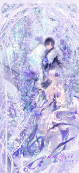 Rule 34 | 1boy, 1girl, absurdres, anemone (flower), back bow, bellflower, black capelet, black coat, black gloves, blue eyes, blue hair, blue scarf, bouquet, bow, bug, butterfly, capelet, chinese bellflower, clarence clayden, clarence clayden (until the end of time), closed mouth, coat, collared coat, commission, commissioner insert, couple, crown, dress, elbow gloves, english text, eye contact, feet out of frame, flower, fur-trimmed coat, fur trim, gloves, hair between eyes, hair flower, hair ornament, hetero, high-low dress, highres, holding, holding bouquet, holding hands, insect, li0n (kongshushiwo), long sleeves, looking at another, looking to the side, lovebrush chronicles, mihuashi commission, mini crown, mole, mole under eye, monocle, oc x canon, on stairs, original, pointed crown, profile, purple butterfly, purple flower, purple ribbon, railing, ribbon, scarf, short hair, smile, spiral staircase, stairs, standing, strapless, strapless dress, swept bangs, wavy hair, white dress, white gloves, white hair, wisteria
