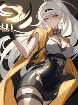 1girl between_breasts black_gloves breasts cleavage collar gloves glowing grey_hair hair_ornament highres i_a_n large_breasts long_hair medium_breasts solo strap strap_between_breasts thigh_strap vest yellow_eyes yellow_vest yixuan_(zenless_zone_zero) zenless_zone_zero