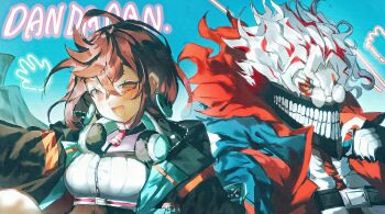 1boy 1girl ayase_momo black_gloves black_nails blue_jacket blush breasts brown_eyes brown_hair copyright_name crossed_bangs dandadan de557777 earrings facial_mark fingerless_gloves glasses gloves hair_between_eyes headphones headphones_around_neck highres jacket jewelry looking_at_viewer mask medium_breasts mouth_mask multicolored_hair official_alternate_costume open_clothes open_jacket open_mouth pale_skin red_eyes red_hair round_eyewear short_hair takakura_ken_(dandadan) takakura_ken_(transformed)_(dandadan) transformation two-tone_hair upper_body white_hair