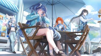 4girls abby_(wuthering_waves) absurdres augusta_(wuthering_waves) black_cat black_gloves black_hair blue_hair blue_pants brown_shoes cat chair chisa_(wuthering_waves) closed_mouth cloud commentary_request denim eating food galbrena_(wuthering_waves) gloves highres holding holding_food holding_popsicle holding_umbrella iuno_(wuthering_waves) jacket lawson long_hair long_sleeves looking_at_viewer misyune multiple_girls namipon_(wuthering_waves) navel official_alternate_costume on_chair one_eye_closed open_clothes open_jacket orange_hair outdoors pants popsicle shoes single_glove sitting smile socks standing stomach torn_clothes torn_pants umbrella very_long_hair white_hair white_socks wuthering_waves