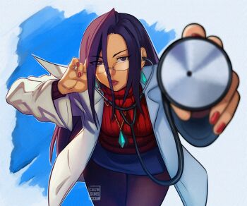 1girl absurdres black_hair blue_skirt calvin_sims commentary earrings english_commentary eyes_visible_through_hair glasses highres holding holding_stethoscope jewelry justice_gakuen lab_coat lipstick long_hair makeup minazuki_kyoko nail_polish pantyhose purple_eyes reaching reaching_towards_viewer red_sweater ribbed_sweater skirt solo stethoscope sweater turtleneck turtleneck_sweater watermark