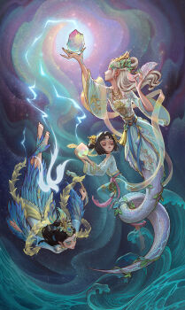 3girls :&lt; absurdres alternate_costume animal animal_on_shoulder aqua_hanfu arm_up barefoot bird bird_on_shoulder black_hair blue_eyeshadow blue_hanfu blue_sash button_eyes buttons chenatu_tutu chinese_clothes closed_eyes closed_mouth curtained_hair duijin_ruqun earrings energy eyeshadow feather_dress feather_earrings feather_hair_ornament feather_sleeves feathers feixianji_(hairstyle) fingernails floating flower-shaped_pupils follower_(identity_v) forehead_jewel full_body gyan_mudra hagoromo hair_bun hair_ornament hair_pulled_back hanfu headdress highres holding holding_rock holding_wand holographic_clothing identity_v iridescent jade_(gemstone) jewelry lamia leaf_hair_ornament light_particles long_hair long_sleeves looking_at_another looking_down looking_up makeup material_growth monster_girl multicolored_eyes multiple_girls official_art parted_bangs peacock_feathers pearl_earrings pink_sash pink_veil plant profile qi_shiyi qi_shiyi_(ocean_conqueror) red_lips rock rotational_symmetry sash sharp_fingernails shawl short_hair shuangyaji smile swallow_(bird) symbol-shaped_pupils tassel tit_(bird) veil vines waist_sash wand water waves white_hair white_hanfu wide_sleeves yaopei yellow_sash yellow_shawl yidhra_(identity_v) yidhra_(sky_mender)_(identity_v)