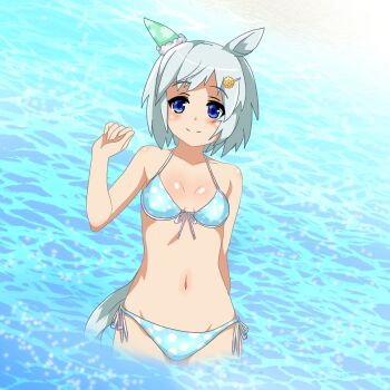 1girl animal_ears aqua_bikini bikini blue_eyes breasts commentary_request cowboy_shot ear_covers grey_hair highres horse_ears horse_girl horse_tail looking_at_viewer polka_dot polka_dot_bikini seiun_sky_(umamusume) short_hair side-tie_bikini_bottom single_ear_cover small_breasts smile solo split_mouth swimsuit tail umamusume wading water zumo