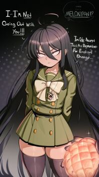 1girl absurdres ahoge amulet arms_behind_back averting_eyes black_hair black_thighhighs bow bread brown_eyes buttons closed_mouth collarbone commentary deitysexual dotted_background double-breasted english_commentary english_text flat_chest food frown green_sailor_collar green_serafuku hair_between_eyes hair_spread_out highres holding holding_food jewelry long_hair long_sleeves looking_to_the_side melon_bread misaki_high_school_uniform multicolored_hair necklace nervous nervous_sweating pendant petite sailor_collar school_uniform serafuku shakugan_no_shana shana simple_background skindentation skirt straight_hair streaked_hair sweat sweatdrop thick_thighs thighhighs thighs very_long_hair