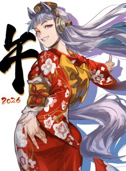 1girl animal_ears blunt_bangs brown_hat floral_print floral_print_kimono gold_ship_(umamusume) grey_hair grin hat highres horse_ears horse_girl horse_tail japanese_clothes kimono long_hair looking_at_viewer looking_back obi open_mouth pillbox_hat print_kimono purple_eyes rasetsu001 red_kimono sash smile solo tail teeth umamusume