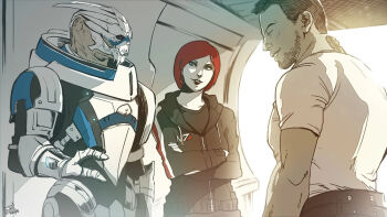 Rule 34 | 1girl, 2boys, alien, commander shepard, commander shepard (female), crossed arms, garrus vakarian, image sample, james vega, mass effect (series), multiple boys, n7 hoodie, pixiv, pixiv sample, sunlight, turian, wei