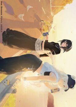 2girls absurdres ahoge alternate_costume animal_ears arknights aurora_(arknights) baseball_cap bear_ears bird black_eyes black_hair black_hat black_pants black_shirt black_shoes bloom blue_eyes braid can chinese_commentary commentary_request crop_top cropped_vest dated day earphones ears_through_headwear extra_ears glowing hairband hand_on_railing hat help_(phrase) highres holding holding_can jewelry la_pluma_(arknights) lace lamppost looking_at_viewer looking_to_the_side loose_pants midriff motor_vehicle multiple_girls necklace open_clothes open_vest outdoors pants pearl_necklace pigeon road road_sign scooter shadow shi-fan_jin-jian shirt shoes sideways sign simple_bird sunlight twin_braids vest warm_colors white_bird white_hair white_hairband white_vest