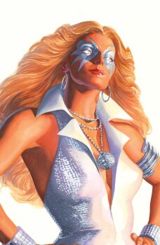 1970s_fashion 1girl absurdres alex_ross armlet blonde_hair blue_facepaint bracelet breasts cleavage comic_cover cover cover_page dazzler disco disco_ball earrings facepaint glitter hands_on_own_hips highres hoop_earrings jewelry jumpsuit long_hair looking_at_viewer marvel medium_breasts necklace official_art parted_hair silver_armlet silver_earrings solo studded_bracelet upper_body western_comics_(style) white_background white_eyes white_jumpsuit x-men
