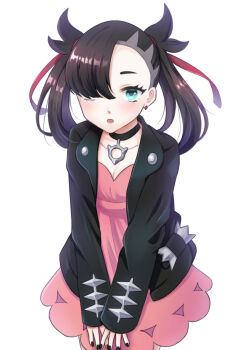 Rule 34 | 1girl, :o, aqua eyes, asymmetrical bangs, black choker, black hair, black jacket, black nails, breasts, choker, cleavage, commentary request, cowboy shot, dress, earrings, hair over one eye, hair ribbon, highres, jacket, jewelry, looking at viewer, marnie (pokemon), masudamasu3055, nintendo, pink dress, pokemon, pokemon swsh, red ribbon, ribbon, simple background, small breasts, solo, twintails, white background
