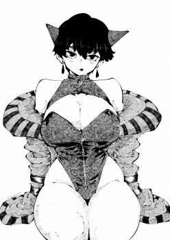 1girl arm_support bare_shoulders breasts cleavage cleavage_cutout closed_mouth clothing_cutout cone_horns cowboy_shot earrings greyscale hair_between_eyes highleg highleg_leotard highres horns jacket jacket_partially_removed jewelry large_breasts leotard lipstick long_sleeves looking_at_viewer makeup miregeist monochrome original sanpaku short_hair simple_background sitting solo teardrop_earrings thick_thighs thighs thighs_together white_background zipper zipper_leotard zipper_pull_tab