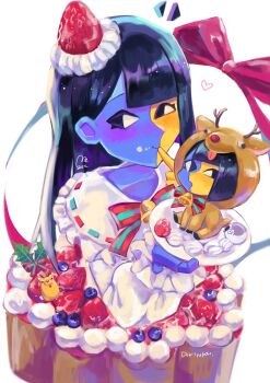 animal_costume antlers black_hair blue_skin blunt_bangs bow colored_skin ena_(ena) ena_(series) ena_(species) ena_(web_series) food food-themed_hair_ornament hair_ornament happy_ena highres horns hourglass_dog long_hair mini_person minigirl moony_(ena) multicolored_skin reindeer_costume ribbon sad_ena smile split-color_skin strawberry_hair_ornament two-tone_skin usagimarumei yellow_skin