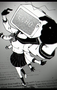 1girl absurdres black_gloves black_sailor_collar black_skirt black_wrist_cuffs bow breasts collarbone echo_(vocaloid) extra_arms foreshortening gloves greyscale half_gloves highres long_sleeves looking_at_viewer lyrics medium_breasts monitor monochrome napio object_head perspective pleated_skirt radio_antenna sailor_collar school_uniform serafuku shirt_bow single_stripe skirt socks song_name standing standing_on_one_leg static television vocaloid wrist_cuffs