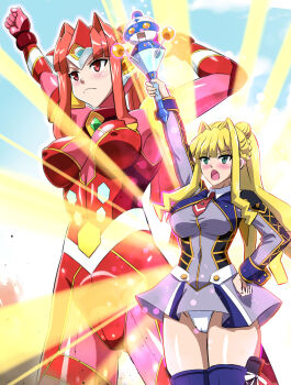 2girls arm_up arms_up asu_(hengaya) blonde_hair blue_dress blue_sky blue_thighhighs blunt_bangs blush bodysuit braid breasts cameltoe clenched_hands closed_mouth clothes_lift cloud collared_dress covered_erect_nipples cowboy_shot day dress dual_persona dust gem giant giantess green_eyes hair_bun hand_on_own_hip headgear highres holding holding_staff large_breasts light_rays long_hair long_sleeves looking_to_the_side low-tied_long_hair multiple_girls necktie ootori_vivienne open_mouth outdoors outline panties pantyshot parted_bangs ponytail red_bodysuit red_eyes red_hair red_necktie ribbon school_uniform sidelocks single_hair_bun skin_tight skirt skirt_lift sky staff standing thighhighs ufoman ultimate_girl underwear white_outline white_panties white_ribbon wrist_cuffs