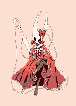 1girl arthropod_girl artist_name ascot black_eyes black_skin bow cloak colored_skin facing_viewer friedunicornstudio full_body highres hollow_eyes hollow_knight hollow_knight:_silksong horned_mask hornet_(hollow_knight) mask needle needle_(hollow_knight) pink_background red_bow red_cloak simple_background sitting solo weapon white_ascot white_mask