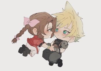 Rule 34 | 1boy, 1girl, aerith gainsborough, armor, black pants, black shoes, blonde hair, blush, braid, brown hair, chibi, closed mouth, cloud strife, commentary request, dress, eye contact, final fantasy, final fantasy vii, green eyes, hair ribbon, holding hands, jacket, long hair, looking at another, open mouth, pants, pauldrons, pink ribbon, profile, red jacket, ribbon, shoes, short hair, shoulder armor, simple background, single pauldron, smile, wasadi, white background, white dress
