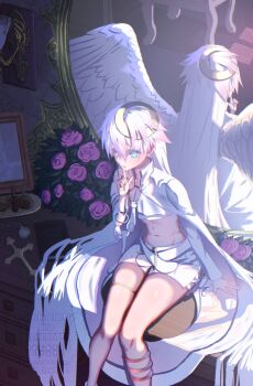 1girl blue_eyes cape commentary_request crop_top cropped_shirt cybill_(snack_nili) different_reflection feathered_wings finger_to_mouth flower gradient_hair humimaru_35p long_hair long_sleeves looking_at_viewer midriff mirror multicolored_hair navel pink_flower pink_hair reflection shirt shorts shushing sitting snack_nili solo thigh_strap thighs very_long_hair virtual_youtuber white_cape white_hair white_shirt white_shorts white_wings wings