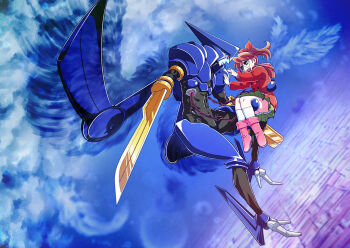 Rule 34 | 1boy, 1girl, :d, android, arm blade, armor, asagi marin, blue skin, boots, bow, brigadoon, brown coat, brown hair, coat, colored skin, eye contact, flying, glasses, green eyes, green skirt, holding, hood, hood down, hooded coat, looking at another, melan blue, mezutoron, open mouth, pink boots, ponytail, red bow, red eyes, short hair, skirt, smile, socks, weapon, white socks