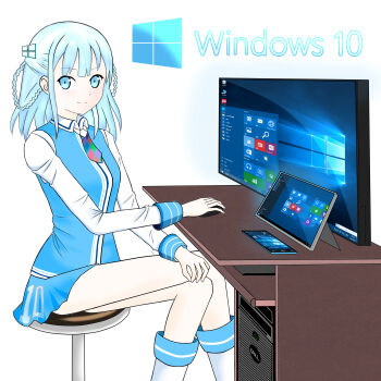Rule 34 | 1girl, absurdres, bad id, bad pixiv id, blue eyes, blue hair, braid, computer, copyright name, crossed legs, dell, desk, female focus, hair ornament, hair rings, highres, looking at viewer, madobe tooko, matching hair/eyes, microsoft, microsoft windows, necktie, os-tan, phone, sitting, solo, tablet pc, windows 10