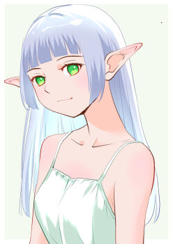 Rule 34 | 1girl, border, camisole, elf, green eyes, long hair, original, outside border, pointy ears, portrait, simple background, solo, white border, white camisole, white hair, yamanaka kouji (yanchiki2001)