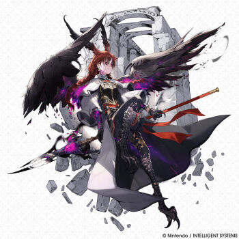 1girl absurdres alternate_form armor aura black_leggings bracelet braid breasts brown_hair capelet claws company_name corruption dark_aura dark_persona erma_(fire_emblem) feathered_wings fire_emblem fire_emblem_shadows full_body hair_wings highres holding holding_polearm holding_weapon jewelry leggings nintendo official_art pale_skin polearm red_eyes solo talons weapon wings