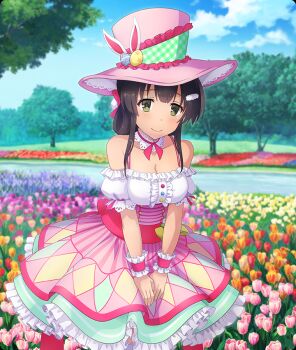 Rule 34 | 1girl, animal ears, bare shoulders, black hair, blue flower, blue sky, blush, breasts, buttons, cleavage, closed mouth, cloud, day, detached sleeves, diamond print, dot nose, dress, easter egg, egg, flower, flower bed, frilled shirt, frills, game cg, green eyes, hair ornament, hair rings, hairclip, hands on own legs, large breasts, leaning forward, looking at viewer, medium hair, nature, official art, orange flower, outdoors, pink flower, pink hair, pink skirt, pink wrist cuffs, print skirt, purple flower, rabbit ears, river, shirt, short sleeves, sidelocks, single hair ring, skirt, sky, sleeveless, sleeveless dress, smile, solo, spaghetti strap, third-party source, toji no miko, toji no miko: kizamishi issen no tomoshibi, tree, underbust, white shirt, white sleeves, wide brim, wrist cuffs, yanase mai, yellow flower