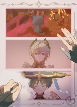 2boys 2girls animal_collar animalization arms_at_sides black_bodysuit black_boots black_cat black_coat black_hair black_scarf blonde_hair blue_feathers blue_hat blue_trim bodysuit boots bridal_gauntlets bright_pupils cat chest_jewel clenched_hand closed_eyes coat collar commentary crossed_bangs curtained_hair detached_sleeves dragon dragon_boy dress durin_(genshin_impact) eraser eyeliner eyeshadow faceless faceless_female faceless_male facial_mark facing_down feather_hair_ornament feathers fingernails floating flower forehead_mark gem genshin_impact gloves gold gold_halo gold_ring green_collar grey_sky hage_80 hair_between_eyes hair_flower hair_ornament halo hand_up hat heart-shaped_gem highres holding jingasa levitation looking_at_viewer lumine_(genshin_impact) makeup mandarin_collar mechanical_halo middle_ring mini_durin_(genshin_impact) multiple_boys multiple_girls no_mouth open_clothes open_coat paimon_(genshin_impact) pants person_and_animalization plant pov purple_vest red_eyeliner red_eyes red_eyeshadow red_gemstone romper scaramouche_(cat)_(genshin_impact) scaramouche_(genshin_impact) scarf scene_reference short_hair short_hair_with_long_locks shoulder_peek sidelocks sketch sky small_dragon spoilers symbol-only_commentary vest wanderer_(genshin_impact) white_dress white_flower white_gloves white_hair white_pants white_pupils white_romper white_scarf white_sleeves wispy_bangs