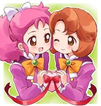 Rule 34 | 2girls, :d, ;), blush, border, bow, bowtie, box, brooch, brown eyes, brown hair, buttons, carla (futagohime), checkered background, closed mouth, commentary, face-to-face, fushigiboshi no futago hime, fushigiboshi no futago hime gyu, gift, gift box, gold buttons, green background, hair bow, heart-shaped box, holding, holding box, jacket, jewelry, kemkem, long hair, long sleeves, looking at another, lowres, multiple girls, one eye closed, open mouth, orange bow, orange bowtie, outline, pink hair, purple jacket, red ribbon, ribbon, royal wonder academy school uniform, sasha (futagohime), school uniform, short hair, smile, upper body, valentine, white border, white bow, white outline, wide sleeves