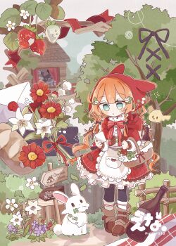 1girl absurdres apron basket black_bow black_pantyhose blunt_bangs blush_stickers boots bottle bow bowtie braid bread brown_boots commentary day double-parted_bangs dress ena_1510 english_commentary flower food frilled_apron frilled_dress frills full_body green_eyes hair_bow hair_flower hair_ornament highres hood hood_up little_red_riding_hood_(fairy_tale) little_red_riding_hood_(fairy_tale_character) long_hair orange_hair outdoors pantyhose parted_lips purple_flower rabbit red_bow red_bowtie red_dress red_flower red_ribbon ribbon sign socks socks_over_pantyhose solo standing tree twin_braids white_apron white_socks