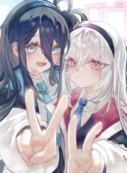 2girls :d absurdres aqua_eyes aqua_halo aqua_pupils aris_(blue_archive) black_hair black_hairband black_jacket black_skirt blue_archive blue_jacket blue_necktie blurry blush bright_pupils chinese_commentary closed_mouth collared_shirt commentary depth_of_field eyes_visible_through_hair hair_between_eyes hairband halo highres jacket kei_(blue_archive) long_bangs long_hair long_hair_between_eyes long_sleeves looking_at_viewer making-of_available mofufu_(bilibili_3546602002188494) multicolored_jacket multiple_girls necktie one_side_up open_clothes open_jacket open_mouth pink_eyes pink_halo pink_jacket pink_pupils puffy_long_sleeves puffy_sleeves rectangular_halo ringed_eyes school_uniform shirt skirt smile sweatdrop two-sided_fabric two-sided_jacket v white_background white_hair white_jacket white_shirt