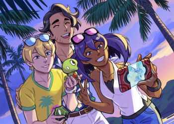 Rule 34 | 1girl, 2boys, alternate costume, black hair, blonde hair, blue-tinted eyewear, closed eyes, collarbone, collared shirt, dark-skinned female, dark skin, dexio (pokemon), effie lealand, eyewear on head, gen 6 pokemon, holding, holding pokemon, legendary pokemon, mega ring, multiple boys, nintendo, palm tree, pink-tinted eyewear, pokedex, pokemon, pokemon (creature), pokemon sm, pokemon xy, professor sycamore, purple hair, shirt, sina (pokemon), sunglasses, sunset, tinted eyewear, tree, v, yellow shirt, zygarde, zygarde core, zygarde cube