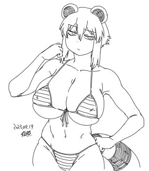 1girl animal_ears araiguma-san arm_up bare_shoulders bikini breasts clenched_hand collarbone cowboy_shot dated front-tie_bikini_top front-tie_top hair_between_eyes hand_on_own_hip large_breasts lineart long_sidelocks looking_at_viewer navel original raccoon_ears raccoon_girl raccoon_tail short_hair sidelocks signature simple_background solo stomach swimsuit tail thighs tsukudani_(coke-buta) very_short_hair white_background
