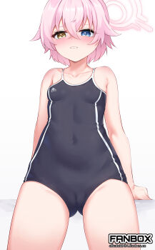 1girl alkaloid_(alkaloid404) black_one-piece_swimsuit blue_archive blue_eyes blush breasts commentary_request hair_between_eyes halo heterochromia highres hoshino_(blue_archive) hoshino_(first_year)_(blue_archive) one-piece_swimsuit pink_hair school_swimsuit short_hair simple_background small_breasts solo swimsuit white_background yellow_eyes