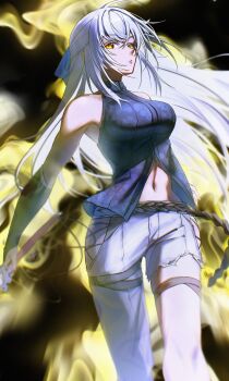 1girl absurdres ahoge asymmetrical_legwear aura black_shirt blue_ribbon blurry blurry_background bob_cut breasts bridal_gauntlets closed_mouth crossed_bangs denim double-parted_bangs eiyuu_densetsu floating_hair floral_print_shirt hair_ribbon half_updo highres holding holding_sword holding_weapon jeans katana kuro_no_kiseki kuro_no_kiseki_(series) kuro_no_kiseki_ii large_breasts long_hair looking_at_viewer madou_zakura midriff_peek navel pants partially_unbuttoned pommel_tassel ribbon rope shimenawa shirt shizuna_rem_misurugi sleeveless sleeveless_shirt solo sword torn_clothes torn_jeans torn_pants upper_body weapon white_hair yellow_aura yellow_eyes