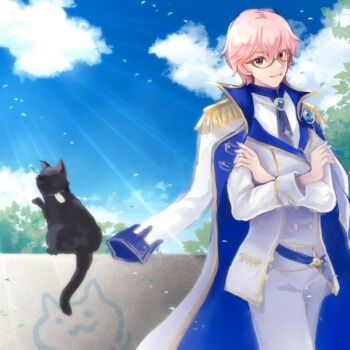 1boy black_cat blue_eyes blue_necktie blue_sky buttons cat closed_mouth cloud coat coat_on_shoulders commentary_request cowboy_shot day epaulettes glasses gobaku_no_hito grey-framed_eyewear jacket looking_at_viewer male_focus necktie outdoors pants pink_hair ragnarok_masters ragnarok_online shirt short_hair sky smile solo standing white_coat white_jacket white_pants white_shirt