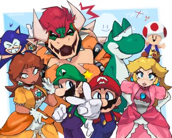 blonde_hair blue_eyes bowser brown_hair claws crown dinosaur dress dynablade2 facial_hair fangs gloves hat hedgehog horns luigi mario mario_(series) mushroom_on_head mustache nintendo overalls princess princess_daisy princess_peach sega sonic_(series) sonic_the_hedgehog toad_(mario) turtle v yoshi