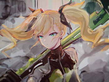 1girl black_bodysuit black_ribbon blonde_hair bodysuit fairouz_ai green_eyes hair_ribbon highres holding holding_weapon kaijuu_no._8 long_hair looking_at_viewer power_suit ribbon shinomiya_kikoru solo twintails uroku6 weapon
